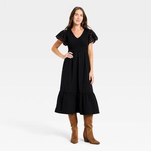 Universal Thread - Women's Flutter Short Sleeve Smocked Midi A-Line D Black